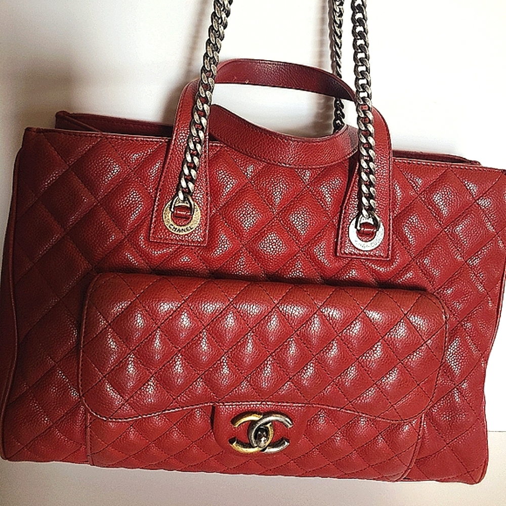 CHANEL Red Quilted Tote with Silver Chain Straps